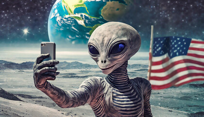grey alien on the moon surface – making selfies with U.S. flag at Apollio moon landing site