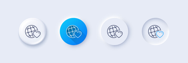 Friends world line icon. Neumorphic, Blue gradient, 3d pin buttons. Friendship love sign. Assistance business symbol. Line icons. Neumorphic buttons with outline signs. Vector