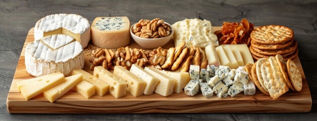 a cheese board, featuring blue cheese, brie, camembert, cheddar, Emmental, goat cheese, ricotta, and havarti, accompanied by antipasto and of square and round crispy crackers, beautifully arranged. - obrazy, fototapety, plakaty
