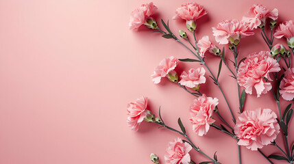 Spray of Pink Carnations on Pastel Backdrop, Delicate Floral Pattern, Soft Beauty Concept, with Copy Space