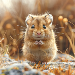 A small hamster is standing on a surface next to a rusty object. The hamster appears to be curious and is looking at the camera