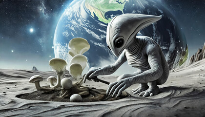 grey alien on the moon surface – collecting moon mushrooms