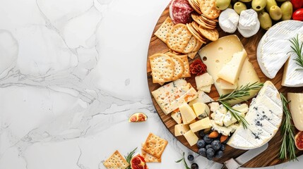 a cheese board, featuring blue cheese, brie, camembert, cheddar, Emmental, goat cheese, ricotta, and havarti, accompanied by antipasto and of square and round crispy crackers, beautifully arranged.