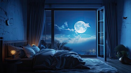 a full moon shining through an open window, casting a gentle glow into a cozy bedroom, creating a tranquil nighttime ambiance.