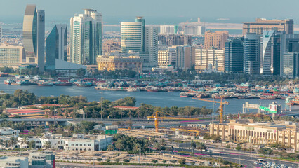 Fototapeta na wymiar View of new modern skyscrapers in luxury Dubai city, United Arab Emirates Timelapse Aerial