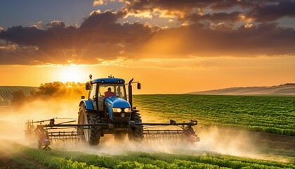 tractor sprays fertilizer on agricultural plants on the rapeseed field, agricultural crop at sunset with information infographic data for agriculture industry and food supply production concepts. - obrazy, fototapety, plakaty