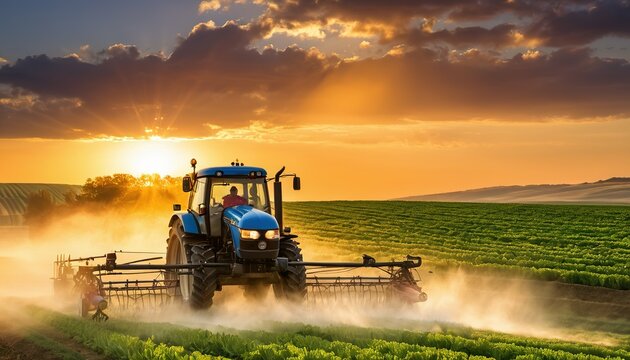 tractor sprays fertilizer on agricultural plants on the rapeseed field, agricultural crop at sunset with information infographic data for agriculture industry and food supply production concepts.