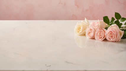 Soft coloured roses on a marble background with space for text or product. Minimalistic composition for holidays, Valentine's Day and Women's Day. Top view with copy space.