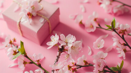 Top view pink giftbox with ribbon bow and pink cherry flowers petals isolated pink background with copy space. Mother's Day concept.
