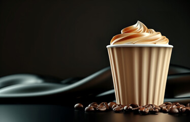 Takeaway coffee cup with creamy topping and scattered coffee beans over dark background with copy space - 781557574