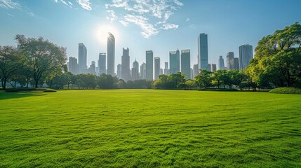 Grassy Field With City in Background
