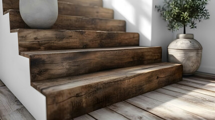Newly built staircase with slightly weathered light wood steps