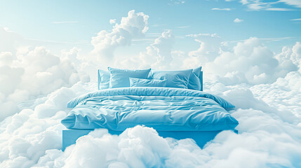 A bed in the clouds with blue sheets and pillows, creating an imaginative dreamy scene. The background is a sky filled with fluffy light blue clouds, giving it a whimsical feel.