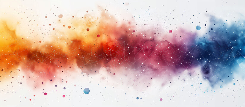 Nuage de points reli&eacute;s par des traits, trait ondul&eacute; multicolore sur fond blanc, ornement pour rapport, arri&egrave;re-plan de document, d&eacute;grad&eacute; de couleur