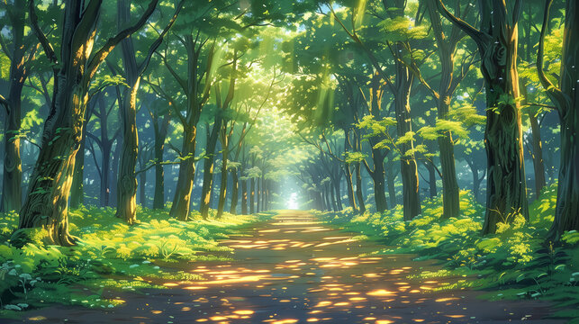 A forest path with tall trees on both sides, in the anime style.