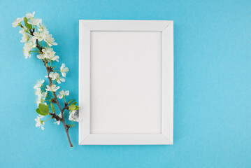 Top view photo of white wooden photo frame and branch with flowers on pastel blue background