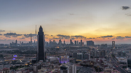 Aerial view luxury city at warm evening in luxury Dubai city, United Arab Emirates Timelapse