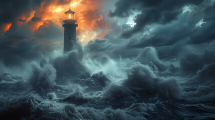 Fototapeta na wymiar Lighthouse in the middle of a stormy ocean. Large waves and dark clouds with an orange light from the lighthouse. Fantasy art style.
