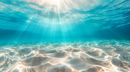 Underwater view of the ocean floor with sunlight filtering through the water, creating patterns on the sand and ripples in the crystal clear waters. - obrazy, fototapety, plakaty