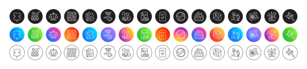 Windmill, Difficult stress and Puzzle line icons. Round icon gradient buttons. Pack of Justice scales, Paint roller, Creative idea icon. Audit, Currency exchange, Business statistics pictogram. Vector