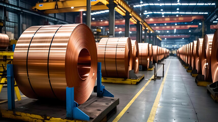 in an industrial warehouse have Large copper coils on a pallet for industry or sell it