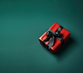 Red gift box with a wide ribbon adjusting and ending with a big bow on a dark surface.