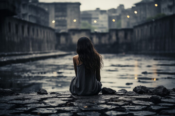 A woman sits on a rock by a body of water