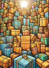 Cartoon of hundreds of stacked gift boxes of many colors.