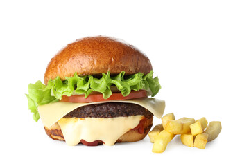 Tasty burger and french fries isolated on white background