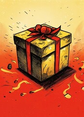 Drawing of a red gift box with a wide ribbon adjusting and ending with a big bow on a dark surface.