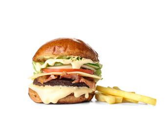 Tasty burger and french fries isolated on white background