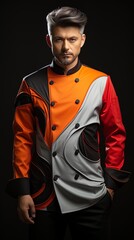 colorful chef jacket design on black background.
