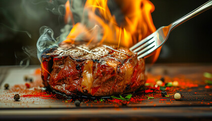 Grilled and roasted meat over coals. Beef roasted with fire and smoke. - obrazy, fototapety, plakaty