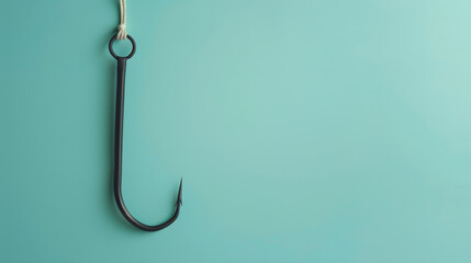 Abstract dark fishing hook casting shadows on a teal backdrop.