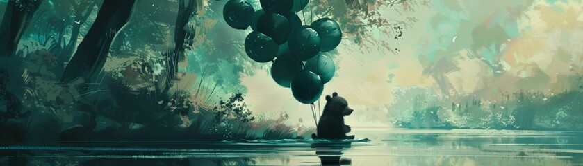 A bear cub floating lazily on a river, clutching to a bunch of deep green balloons, against a serene, white riverbank - obrazy, fototapety, plakaty