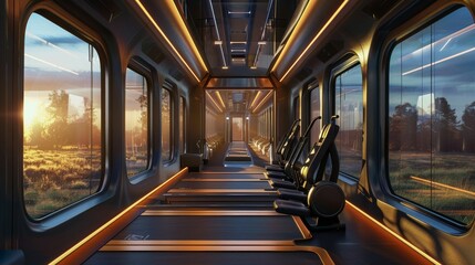 A fitness train car, equipped with AI personal trainers that adapt workouts to the passengers health data and scenery outside - obrazy, fototapety, plakaty