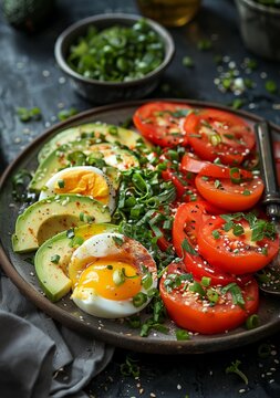 Healthy avocado and tomato salad with soft boiled egg