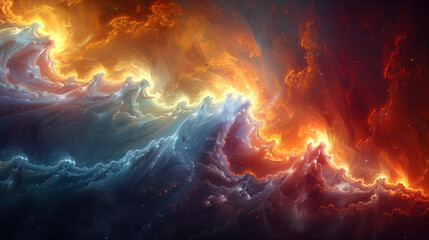 A colorful space scene with a wave of blue and red clouds - obrazy, fototapety, plakaty