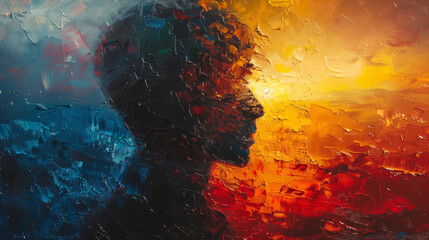 A painting of a person's face with a blue and red background