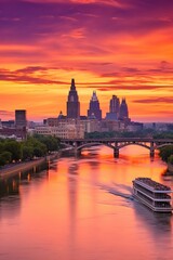 Fototapeta na wymiar Urban river at sunset with bridge and cityscape