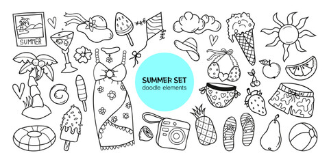 Summer vector set in doodle style with lifebuoy, cocktail, seashell, swimsuit, dress, hat, flower, ice cream, kite, camera, pineapple, cloud, flip flops, strawberry, cherry, pear, apple, sun, shorts 