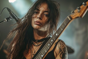 Portrait of a female musician playing bass guitar on stage