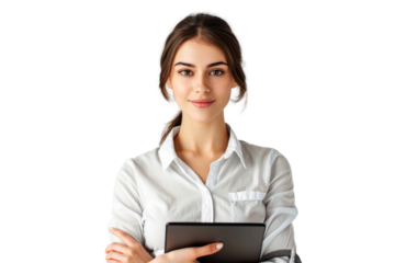 Studio portrait company worker beautiful young Caucasian woman with an attractive smile wearing casual outfits and holding digital tablet, isolated on transparent png background.