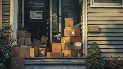 a home front porch overwhelmed by a chaotic stack of boxes, depicting the frenzy of deliveries and modern living.