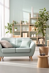 A stylish living room with a blue sofa, coffee table, and a large potted tree