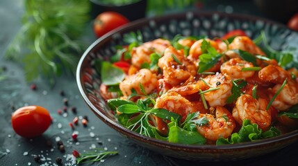 A delicious and healthy salad with shrimp, tomatoes, and greens.