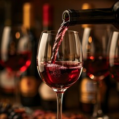A close-up of rich red wine being poured into a crystal clear glass, with a blurred selection of bottles in the background