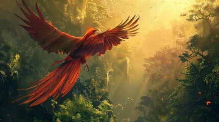 Bird soaring above trees in the forest - obrazy, fototapety, plakaty