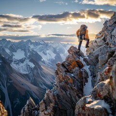 A lone climber ascends a steep mountain peak