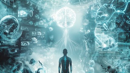 human robot, artificial intelligence, business intelligence, scientific symbols and laboratory equipment, neural networks, science fiction,  technology and anatomy,